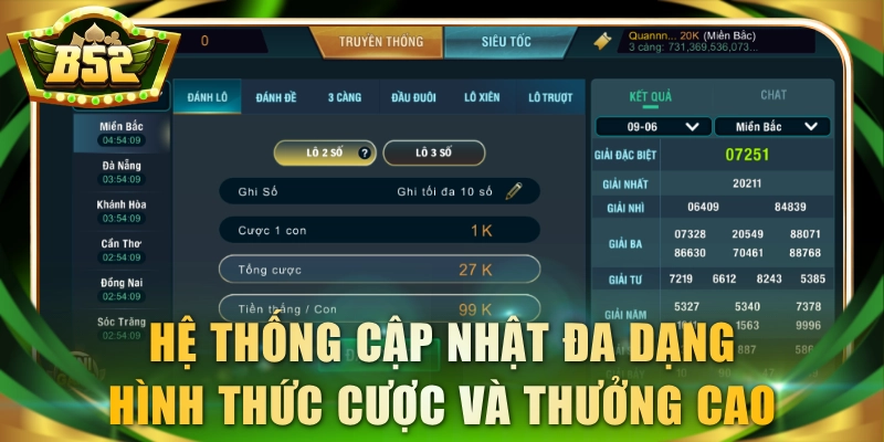 Hệ thống cập nhật đa dạng hình thức cược và thưởng cao