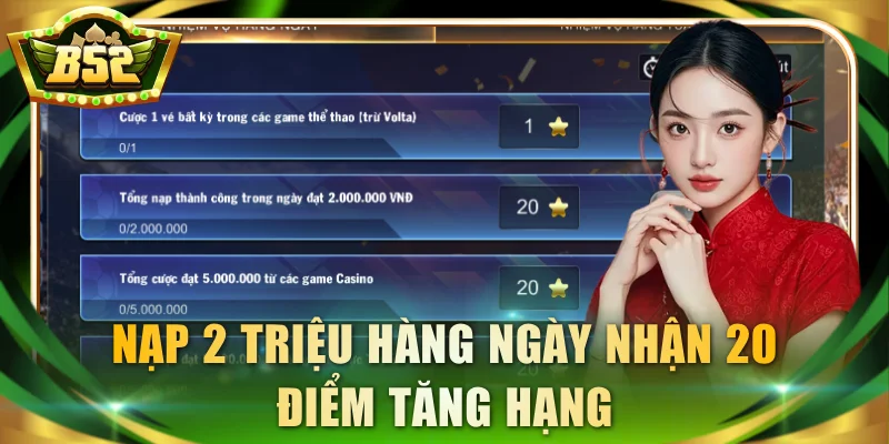 Nạp 2 triệu hàng ngày nhận 20 điểm tăng hạng